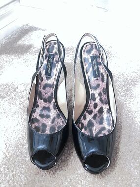 Dolce &Gabbana Peep Toe Sling Back Leopard Heels, Patent Leather